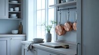 Elegant farmhouse kitchen with copper pans hanging near a bright window, wooden countertop, and soft gray cabinetry creating a cozy, stylish interior.