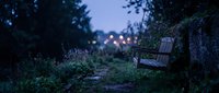 Peaceful evening garden path with wooden bench and warm glowing lights creating cozy outdoor atmosphere for relaxation and contemplation.