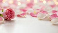Pink rose with scattered petals on white surface creating romantic atmosphere with soft bokeh lights for wedding invitations and love themes.