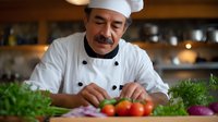 Hispanic senior male chef in traditional white uniform and hat carefully preparing fresh vegetables and herbs in professional restaurant kitchen. Food service concept.
