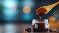Rich chocolate sauce dripping from wooden spoon into glass jar with chocolate pieces scattered around on kitchen counter for dessert preparation.