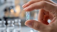 Hand holding transparent capsule pill with turquoise powder in modern laboratory setting for pharmaceutical research and medicine development.