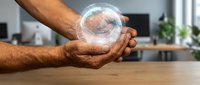 Male hands holding transparent glass sphere with water droplet inside representing environmental protection and sustainability concepts in modern kitchen.