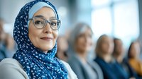 Young Middle Eastern businesswoman wearing blue hijab and glasses smiling confidently in corporate office environment with diverse colleagues in background.