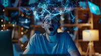 Young Caucasian man in glasses with open mouth and shocked expression while glowing blue network visualization floats above his head in dark room with bokeh lights.