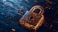 Glowing digital padlock on circuit board background represents cybersecurity and data protection in modern technology environment. Digital encryption concept.