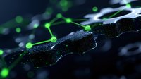 Glowing green network connections on dark background with particles and bokeh effects create futuristic technology visualization for business presentations.
