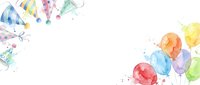 Watercolor balloons and party hats with confetti scattered on white background, suitable for celebration invitations, greeting cards, and festive event designs.