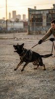 Military dog handler training aggressive German Shepherd in urban combat zone during golden hour sunset with city skyline background for tactical operations.