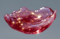 Magical swirling red liquid with glowing golden sparkles floating in curved transparent wave shape against gray background, creating ethereal cosmic effect.