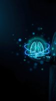 Futuristic holographic lungs floating above open palm with glowing blue light effects on dark background for medical technology and healthcare innovation concepts.
