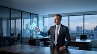 Confident middle-aged Caucasian businessman in suit interacting with holographic digital interface in modern office with city skyline view.