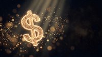Glowing golden dollar sign with sparkling particles and light rays on dark background for financial success and wealth concepts.