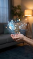 Glowing blue butterfly with sparkling light trails floating above open hands in cozy living room setting for digital art and transformation concepts.