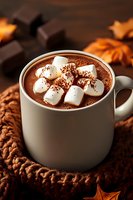 Rich hot chocolate with marshmallows and cocoa powder in white mug on knitted coaster with autumn leaves and warm lighting for cozy winter beverages.