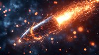 Glowing digital bullet surrounded by luminous particles and energy trails against dark background with orange and blue light effects creates dramatic atmosphere.