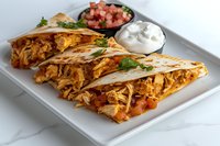 Spicy chicken quesadillas with melted cheese served on white plate with fresh pico de gallo and sour cream dips, garnished with cilantro on marble surface.