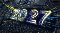 Futuristic 2027 numbers with glowing neon lights and digital circuit board background for technology and innovation concepts.