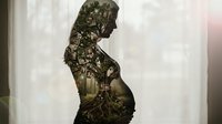 Pregnant woman silhouette filled with military camouflage pattern and tactical gear elements creating artistic double exposure composition for maternity concepts.