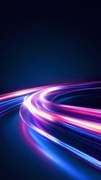 Dynamic light trails creating curved motion paths with vibrant neon colors on dark blue background for technology and speed concepts.