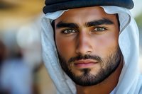 Middle Eastern man wearing traditional white keffiyeh and black agal headpiece gazes confidently at camera, showcasing strong facial features and well-groomed beard.
