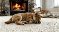 Adorable fluffy puppy sleeping peacefully on soft carpet near cozy stone fireplace in warm comfortable living room interior for home decor concepts.