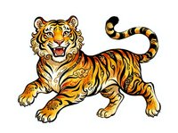 Playful tiger with ornamental stripes and decorative swirls, isolated on white background, ready for clipart, t-shirt design, and merchandise applications.