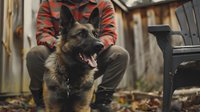 German Shepherd dog with open mouth sitting near owner in autumn garden setting, wearing collar and harness, selective focus on alert canine against blurred background.