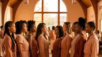 Group of diverse women wearing matching beige robes gathered indoors near large arched window with natural light, suitable for community, sisterhood, wellness, and empowerment concepts.