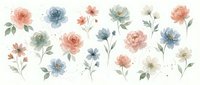 Watercolor floral elements set with roses, peonies and wildflowers in soft pink, blue and sage green tones on white background for wedding invitations.
