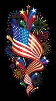 American flag waving with colorful fireworks display on black background for patriotic celebrations and national holidays.
