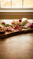 Gourmet charcuterie board with cured meats, cheese, olives and fresh herbs on rustic wooden table by window for entertaining and appetizer presentation.