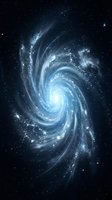 Spiral galaxy with luminous blue core and swirling arms filled with stars against dark space. Suitable for astronomy, science education, and cosmic backgrounds.