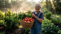 Senior Caucasian male farmer in denim overalls holding wicker basket full of fresh red tomatoes in organic vegetable garden during golden hour sunrise.