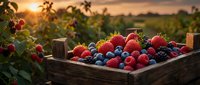 Fresh mixed berries in rustic wooden crate at sunset farm with strawberries blueberries raspberries for healthy organic harvest concept.