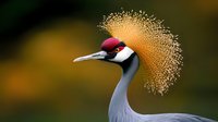 Crowned crane portrait showing distinctive golden crest feathers and red patch above beak against blurred natural background, elegant head position in profile view.