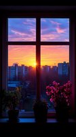 Dramatic sunset view through apartment window with silhouetted city skyline and pink flowering plants on windowsill against vibrant orange and purple sky.