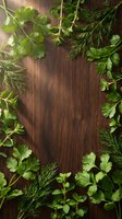 Fresh herbs frame on rustic wooden background with cilantro, dill, oregano and parsley creating natural border for culinary cooking and healthy food concepts.