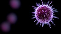 Microscopic view of purple virus cell with spiky surface proteins floating against dark background, scientific medical visualization for healthcare and research concepts.