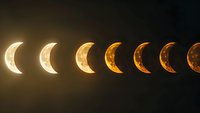 Phases of lunar eclipse shown in sequential progression against dark night sky, glowing golden crescent shapes creating dramatic astronomical timeline.
