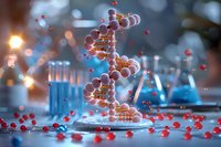 DNA molecule structure in modern laboratory setting with test tubes and blue liquid, scientific research concept with dramatic lighting and floating particles.