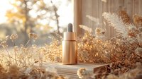 Cosmetic dropper bottle on wooden surface surrounded by dried flowers in warm golden sunlight, creating serene natural skincare composition.