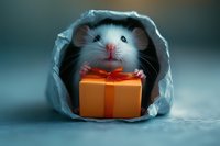 Adorable white mouse peeking out from paper tunnel holding orange gift box with red ribbon, against blurred blue background, creating magical holiday mood.