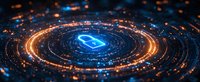 Glowing blue padlock icon surrounded by circular light trails and digital particles in dark background, representing cybersecurity and data protection concept.