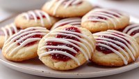 Homemade thumbprint cookies filled with raspberry jam and drizzled with white icing on white plate, close up view of traditional holiday baking treats.
