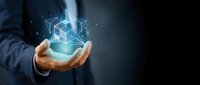 Businessman holding glowing digital cube with network connections in hands representing blockchain technology, data management and innovative business solutions.