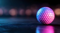 Colorful golf ball illuminated by neon blue and pink lights creating dramatic reflection on dark surface with bokeh background. Perfect for sports and nightlife concepts.