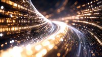 Dynamic light trails curve through dark space creating glowing spiral effect with golden bokeh particles and bright streaks, suggesting digital data flow and technology motion.
