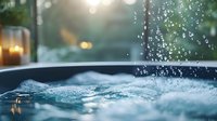 Steaming hot tub with bubbling water at sunset, creating a relaxing outdoor spa atmosphere with bokeh lights in background.