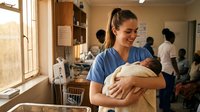 Young Caucasian female nurse in blue scrubs tenderly holding newborn baby in hospital maternity ward with medical staff working in background.